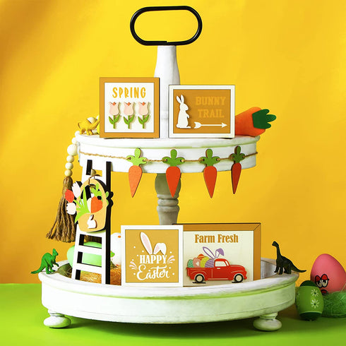 7 Pieces Tiered Tray Decor Set Farmhouse Farm Tiered Tray Decor Items Summer Sunflower Watermelon Bee Lemon Theme Mini Wooden Signs for Easter Graduation Home Kitchen Decorations (Rabbit Style)