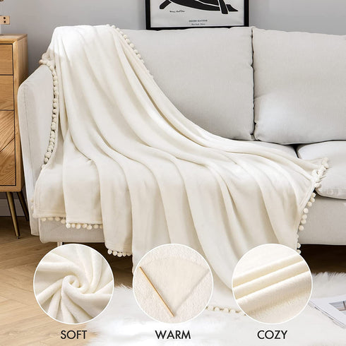 MIULEE Fleece Throw Blanket with Pompom Fuzzy Soft Flannel Cream White Blanket Plush Warm Cozy Bed Blanket for Couch Sofa Chair Boho Decor Throw Size 50"x60"