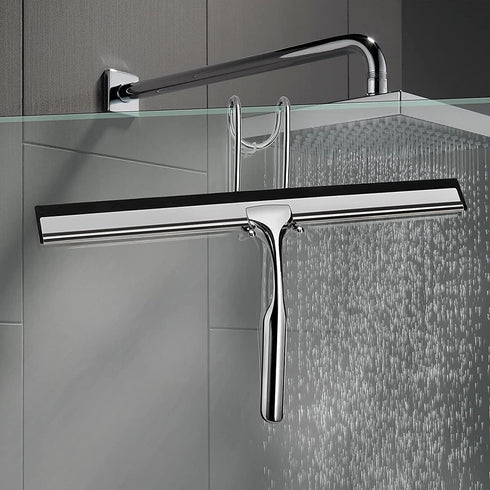 VIVIBEAUTY Shower Squeegee for Glass Doors, 12-Inch Stainless Steel Squeegee for Shower Glass Door, Mirror, Windows, 1 Replacement Silicone Blade and 2 Hooks, Silver