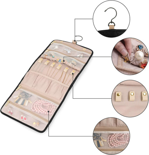 BAGSMART Travel Hanging Jewelry Organizer Case Foldable Jewelry Roll with Hanger for Journey-Rings, Necklaces, Bracelets, Earrings, Black