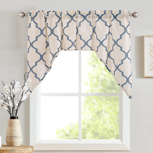 JINCHAN Valance Swag Moroccan Tile for Bedroom- Quatrefoil Flax Linen Blend Textured Geometry Lattice Print Window Treatment for Living Room 1 Panel 38 Inch Length Blue on Beige