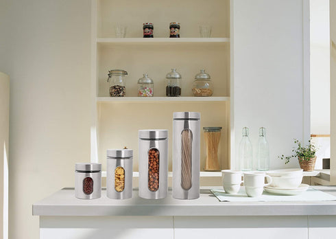 PENGKE 4 Piece Silver Stainless Steel Canister Set with Glass Windows,perfect for Kitchen Canning Cereal,Pasta,Sugar,Beans,Spice