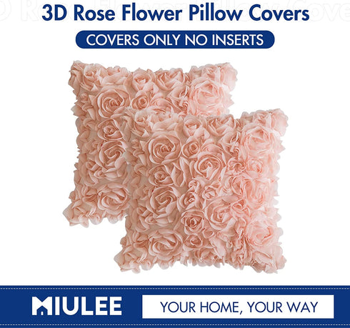 MIULEE Pack of 2 3D Decorative Spring Romantic Stereo Chiffon Rose Flower Pillow Cover Solid Square Pillowcase for Sofa Bedroom Car 18x18 Inch 45x45 cm Peach Pink Wedding
