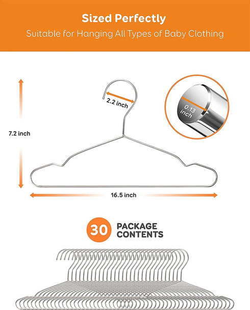 Baby Hangers, 30 Pack Stainless Steel 12.6 Inch Baby Clothes Hangers Heavy Duty Non-Slip Space Saving Coat Hangers Metal Hangers for Kids Children Toddler Clothes