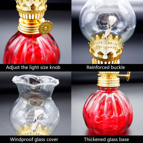 Kerosene Oil Lamp for Indoor Use,1 Glass Kerosene Lamp,2 Wicks and 1 Tweezers,Classic Retro Hurricane Lantern Decoration Outdoor Camping (Red)