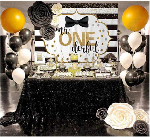 Allenjoy Mr Onederful Happy 1st Birthday Backdrop Gold Glitter Dot Black White Stripe Bow Tie Little Man First Bday Party Cake Table Decoration Banner Background 7x5ft Photo Shoot Booth Props Banner