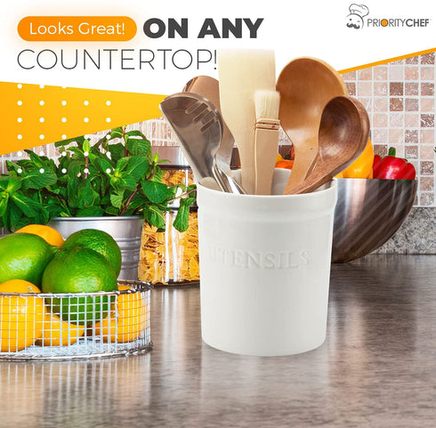 PriorityChef Kitchen Utensil Holder for Countertop, Heavy Ceramic Utensils Caddy, Large Spatula Organizer Utensil Crock, Ivory