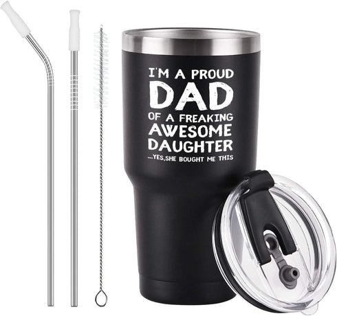 I'm A PROUD DAD Travel Tumbler Funny Birthday Christmas Gifts for Dad Father Men Father's Day from kids daughter, 30 Oz Insulated Stainless Steel Tumbler, Black