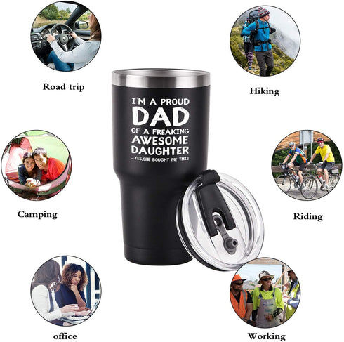 I'm A PROUD DAD Travel Tumbler Funny Birthday Christmas Gifts for Dad Father Men Father's Day from kids daughter, 30 Oz Insulated Stainless Steel Tumbler, Black