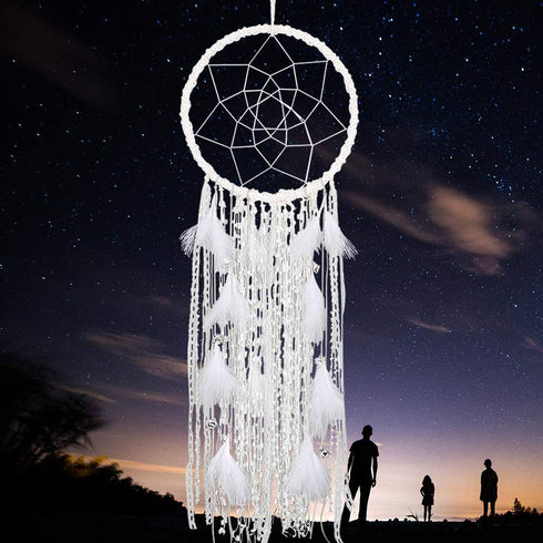 Alynsehom Extra Large Dream Catcher Kids Wall Hanging Decoration Handmade White Feather Boho Big Dreamcatchers with Bells Wedding Dream Catchers Bedroom Craft Ornament Gift (Dia 12", Length 41")