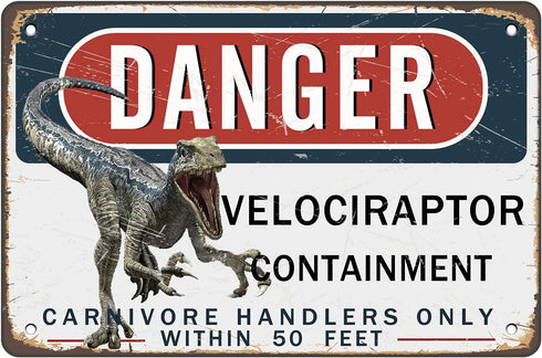 AntSwegg Tin Sign Danger Velociraptor Containment Metal Sign 12x8 Inch, B014