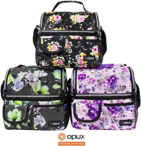 opux Insulated Dual Compartment Lunch Bag for Women, Ladies | Double Deck Reusable Lunch Box Cooler with Shoulder Strap, Leakproof Liner | Medium Lunch Pail for School, Work, Office (Floral Grey)