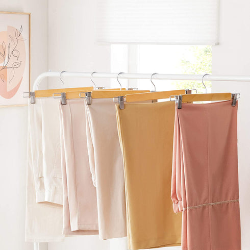 SONGMICS Wooden Pants Hangers 12 Pack, Pants Hangers with Clips, Adjustable Anti-Rust Metal Clips, 360° Swivel Hook, Skirt Hangers for Pant, Skirts, Slacks, Natural Grain UCRW008-12