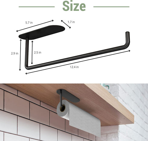 Mavis Miki Self Adhesive Paper Towel Holder - Hanging Under Cabinet, Wall Mount, Vertical or Horizontal - Paper Towel Rack for Kitchen, Bathroom, Rv - Brushed 304 Stainless Steel (Black)