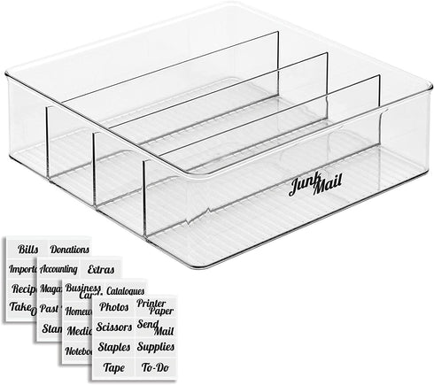 mDesign Plastic Divided Drawer Organizer Storage Bin for Home Office, Desk Drawer, Shelf, Cabinet - 4 Compartments, 12" Long + 32 Adhesive Labels - Clear