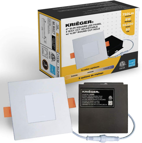 Krieger LED Recessed Ceiling Light Fixture, 4 Inch Ultra-Thin Square with Rounded Back, 3 Color Temperature Options, Dimmable, 750 Lumen, 9 Watt (60W Equivalent), Quick Install - ETL and ES Certified