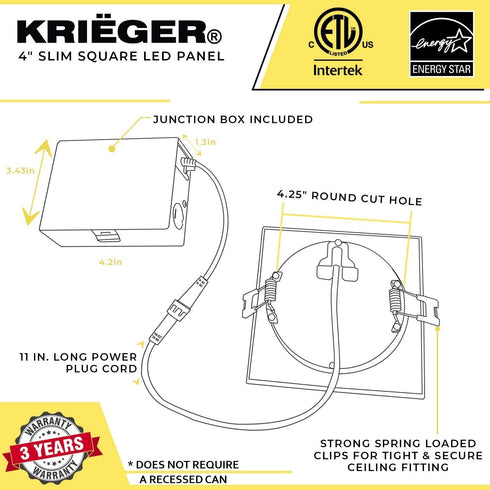 Krieger LED Recessed Ceiling Light Fixture, 4 Inch Ultra-Thin Square with Rounded Back, 3 Color Temperature Options, Dimmable, 750 Lumen, 9 Watt (60W Equivalent), Quick Install - ETL and ES Certified