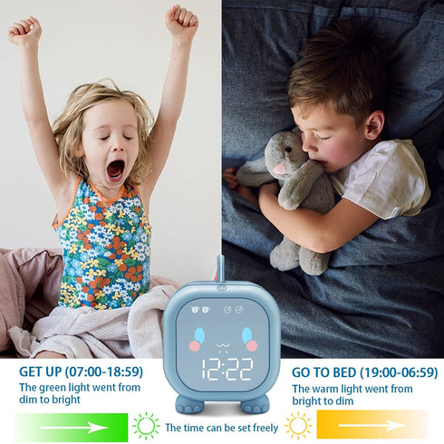Kids Alarm Clock with Dinosaur, Digital Alarm Clock for Kids Bedroom, Cute Bedside Clock Children's Sleep Trainier, Wake Up Light and Night Light with USB for Boys Girls Birthday Gifts. (Blue)