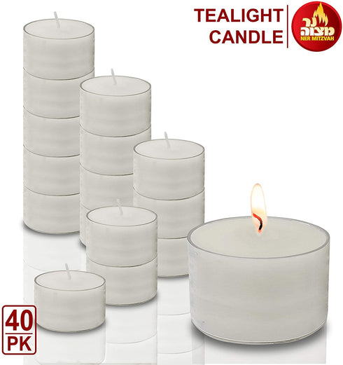 Ner Mitzvah Long Lasting Tealight Candles - 6 Hours - White in Clear Cups - Unscented - 40 Pack - Made in EU