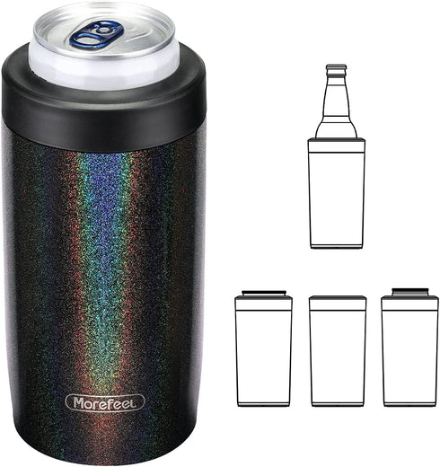 4-in-1 Skinny Can Cooler Double Wall Stainless Steel Insulated Can Holder,Can Coozie, Works With 12 Oz Slim Can,Standard Cans,Beer Bottles & As Pint Cups(Glitter Dark)