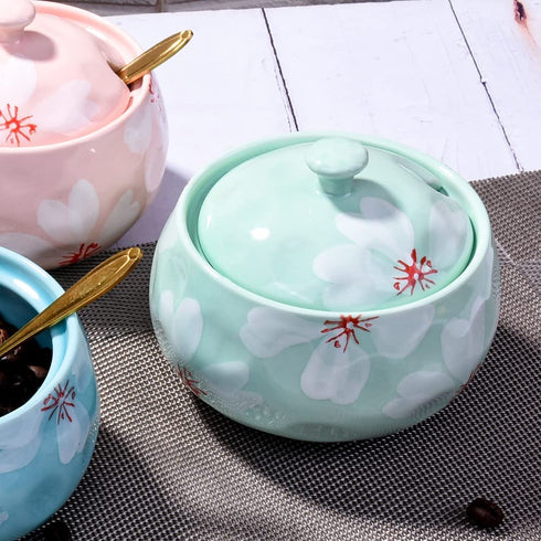 Ceramic Sugar Bowl with Lid, Ceramics Cyan Sugar Salt Pepper Storage Jar Seasoning Pot with Lid and Spoon for Home and Kitchen