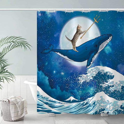 Allenjoy 72x72 Funny Cat Riding The Whale Shower Curtain for Bathroom Set Blue Sea Ocean Wave Home Bath Decors Moon Night Bathtub Decorations Durable Waterproof Fabric Machine Washable with 12 Hooks
