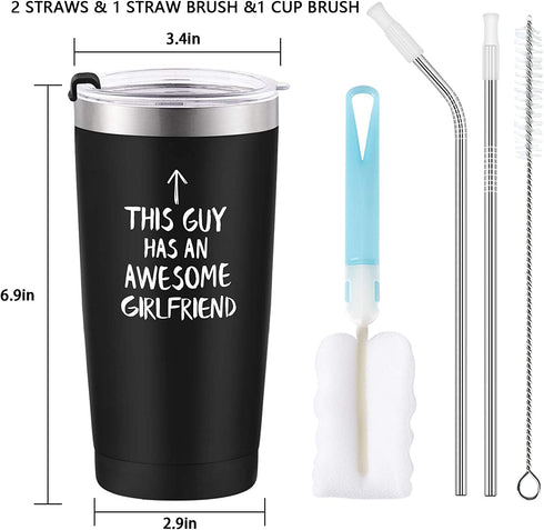 Qtencas Valentine's Day Gifts for Boyfriend Travel Tumbler, This Guy Has an Awesome Girlfriend Stainless Steel Insulated Tumbler with 2 Lids, Boyfriend Men Birthday Gifts Tumbler(Black, 20oz)