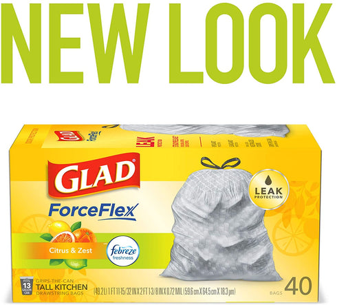 Glad® ForceFlex Tall Kitchen Drawstring Trash Bags, Citrus & Zest, 13 Gal, 40 Ct (Package May vary)
