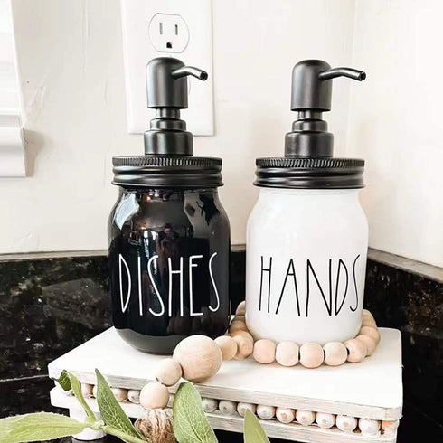 UrbanVillage Farmhouse Soap Dispenser Set - Glass Dish and Hand Soap Dispenser with Stainless Steel Liquid Pump - Cute Mason Jar for Your Kitchen - Glossy Black and White Farmhouse Decor