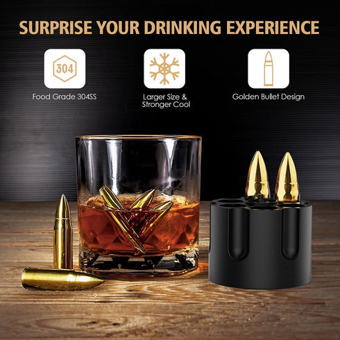 Chouggo Whiskey Stones Gift Set for Men with Vintage Wooden Case, Metal Stainless Steel Bullet Shaped Ice Cubes - 6 Pack, Cool Gifts for Men - Birthday Christmas Gift Ideas
