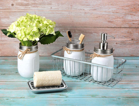 Mason Jar Bathroom Set?5 PCS?- Soap Dispenser, Toothbrush Holder & Flower Vase,Storage Organizer Basket & Soap Dish ,Vanity Organizer Bathroom Kitchen Farmhouse D©cor (5, Brushed Nickel)