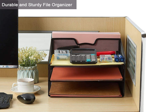 Meshist Wire Mesh Desk Organizer, Collapsible Desktop File Organizer with 3 Horizontal Paper Letter Trays and a Vertical Compartment, Black