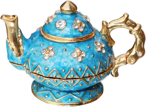 Waltz&F Retro light blue teapot Trinket Box Hinged Hand-painted Figurine Collectible Ring Holder