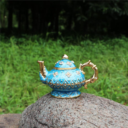 Waltz&F Retro light blue teapot Trinket Box Hinged Hand-painted Figurine Collectible Ring Holder