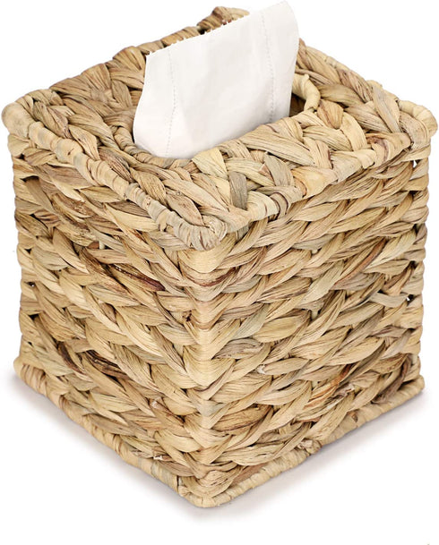 Sumnacon Square Woven Tissue Box Cover - Decorative Napkin Holder Pumping Paper Case Dispenser, Natural Water Hyacinth Wicker Facial Box for Home Office Decor
