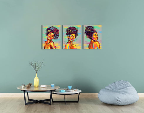 Framed Canvas Wall Decor Art Print Picture for Living Room- Wall Decorations for Bedroom Green Gray African Girls Painting- Modern Home Wall Decor Stretched and Framed Ready to Hang Pictures- 12"x16"x3 Panels