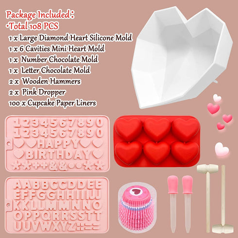 Heart Silicone Molds Chocolate Breakable Heart Mold Diamond Heart Shaped Candy Molds w/ Cupcake Liners Wooden Hammer Number Letter Molds for Chocolate Baking-Gifts for Birthday Anniversary Wedding