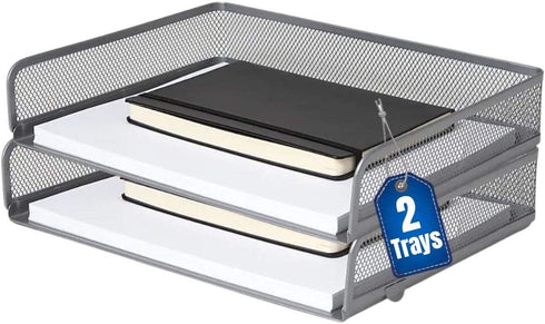 1InTheOffice Desk Tray, Side Load Letter Tray, Stackable Silver Mesh Tray"2 Pack"