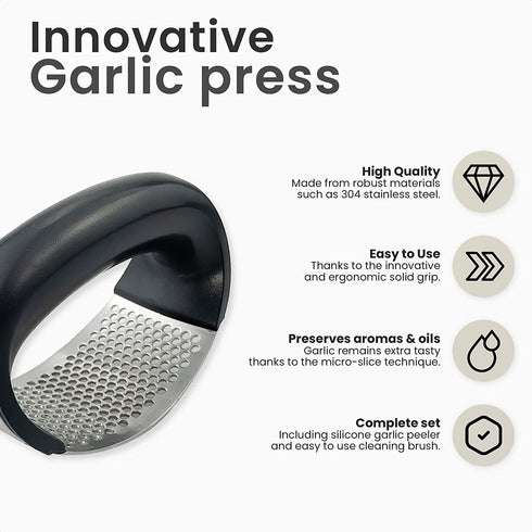 Habitaby® - Garlic Press - Garlic Press Stainless Steel - Garlic Press Rocker - Garlic Chopper - Garlic Crusher - Garlic Mincer - With Free Silicone Garlic Peeler and Cleaning Brush