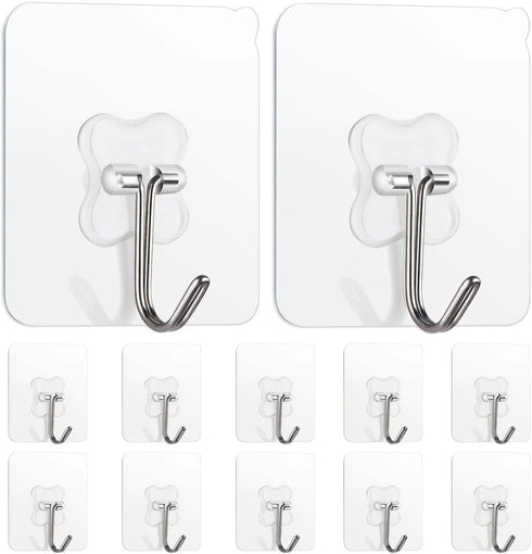 12Pcs Adhesive Hooks Heavy Duty, Self Sticky Wall Hooks for Hanging Key, Towel, Coat, No Damage Wall Hangers for Bathroom, Kitchen
