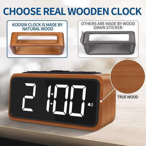 Radio Alarm Clock, Large LED Display Wood Digital FM Alarm Clock, Adjustable Brightness Dimmer and Snooze, Simple LED Clock with Dual Alarm, 12/24 Hour, Powered by AC Adapter (White LED)