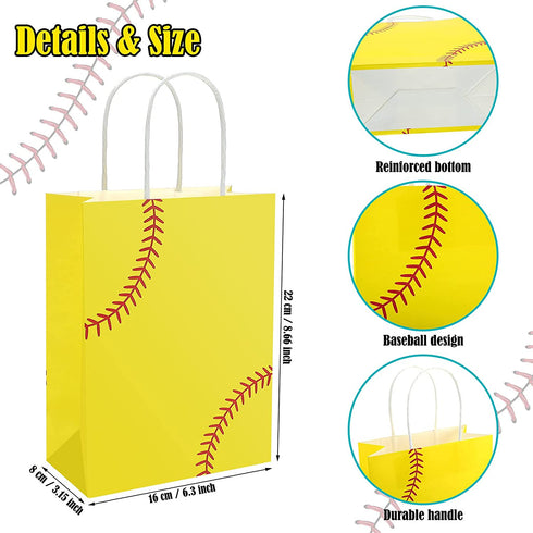 18 Pieces Softball Gift Bags Kraft Paper Bags Candy Bags Softball Party Treat Bags with Handles for Sport Softball Theme Birthday Baby Shower Favor Party Decorations