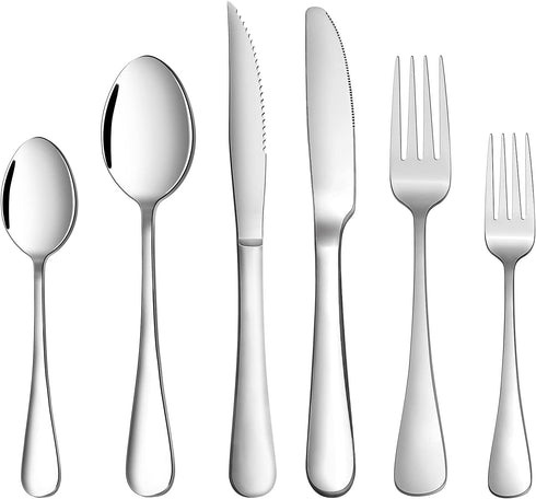 24-Piece Silverware Set with Steak Knives, Premium Stainless Steel Flatware Set for 4, Elegant Cutlery Utensil Sets, Tableware Set Include Knives Forks Spoons, Mirror Polished& Dishwasher Safe