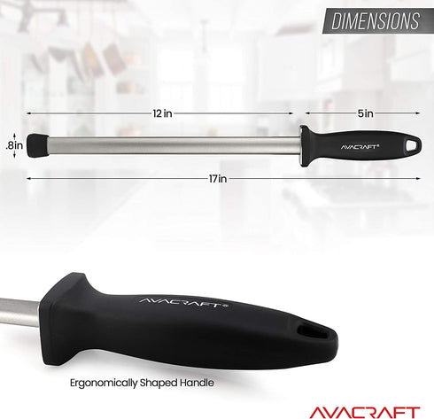 AVACRAFT 12 inch Knife Sharpener Rod, Diamond Steel Knife Honing Steel, Premium Knife Sharpening Steel, Oval shaped Honer, Ergonomic Handle for Firm Grip