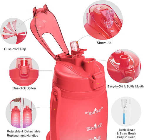 PASER 64oz Water Bottles with Times to Drink, 2 in 1 Lids(Chug and Straw) Tritan Leakproof BPA Free Sports Motivational Water Bottle with Replaceable Handle & Strap(Included Bottle Brush)
