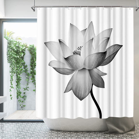 ArtBones Lotus Shower Curtain White Waterlily Elegant Flower Bathroom Shower Curtain Cloth Fabric with Hooks 72x72inch Black White (White Lotus)