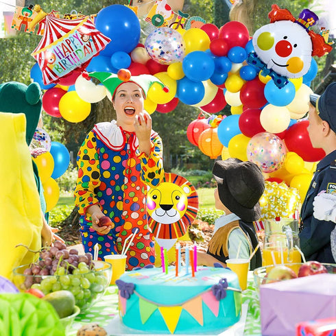 Golray 138Pcs Carnival Circus Balloon Garland Arch Kit for Kids Carnival Circus Theme Birthday Party Decorations Supplies, Carnival Decor with Happy Birthday Banner Circus Tent Lion Clown Head Popcorn