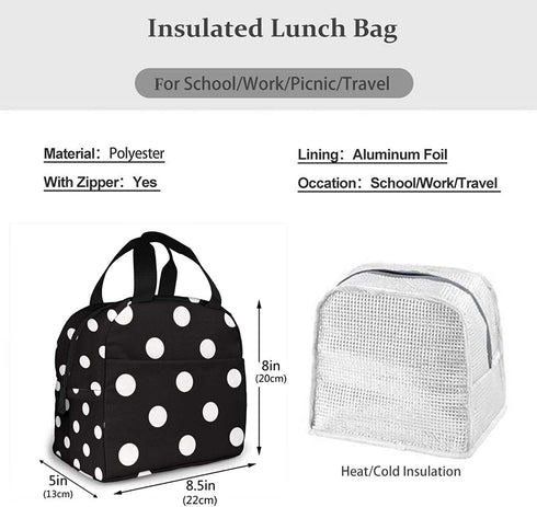 Kslai White and Black Polka Dot Lunch Bag Tote Bag Lunch Bag for Women Lunch Box Insulated Lunch Container