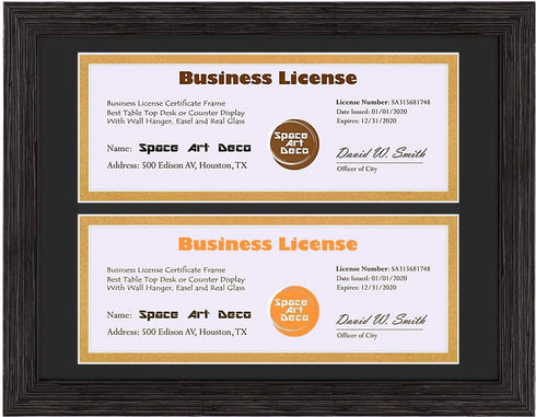 Space Art Deco, 8.5x11 for Business License Frame, Black Over Gold Double Mat with Two 4x9 Business License Openings, Easel Stand, Sawtooth Hanger (Dark Brown Textured)