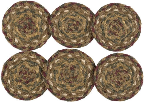 VHC Brands Tea Cabin Jute Coaster Set of 6 Log Cabin Country Rustic Lodge Kitchen Tabletop Design, Moss Green and Deep Red